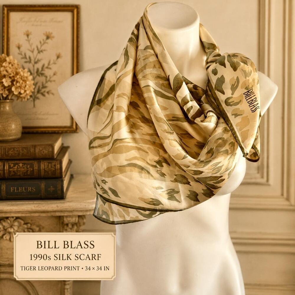 Vintage Bill Blass Silk Scarf 1990s Tiger Leopard Animal Print Square 34x34